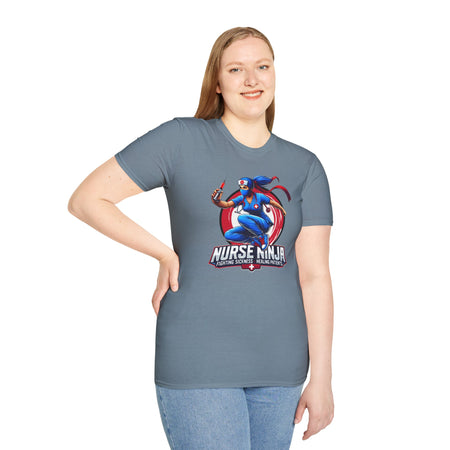 A T-shirt  featuring one of the Nurse Ninja t-shirt designs, depicting a dynamic nurse dressed as a ninja holding a syringe. The graphic includes the text "Nurse Ninja - Fighting Sickness, Healing Patients," showcasing a bold and heroic theme, perfect for healthcare professionals.