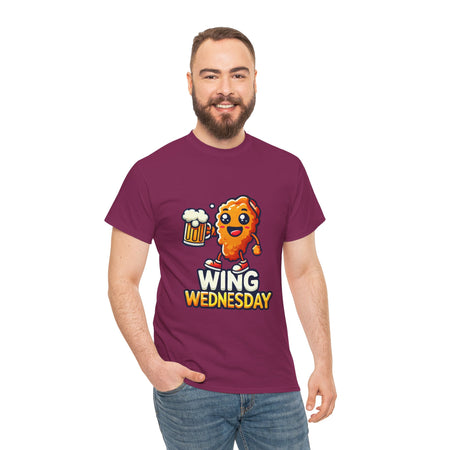 Berry Wing Wednesday' t-shirt featuring a cheerful, cartoon-style chicken wing character holding a beer mug. Perfect for those who love celebrating Wing Wednesday with a fun and playful design.