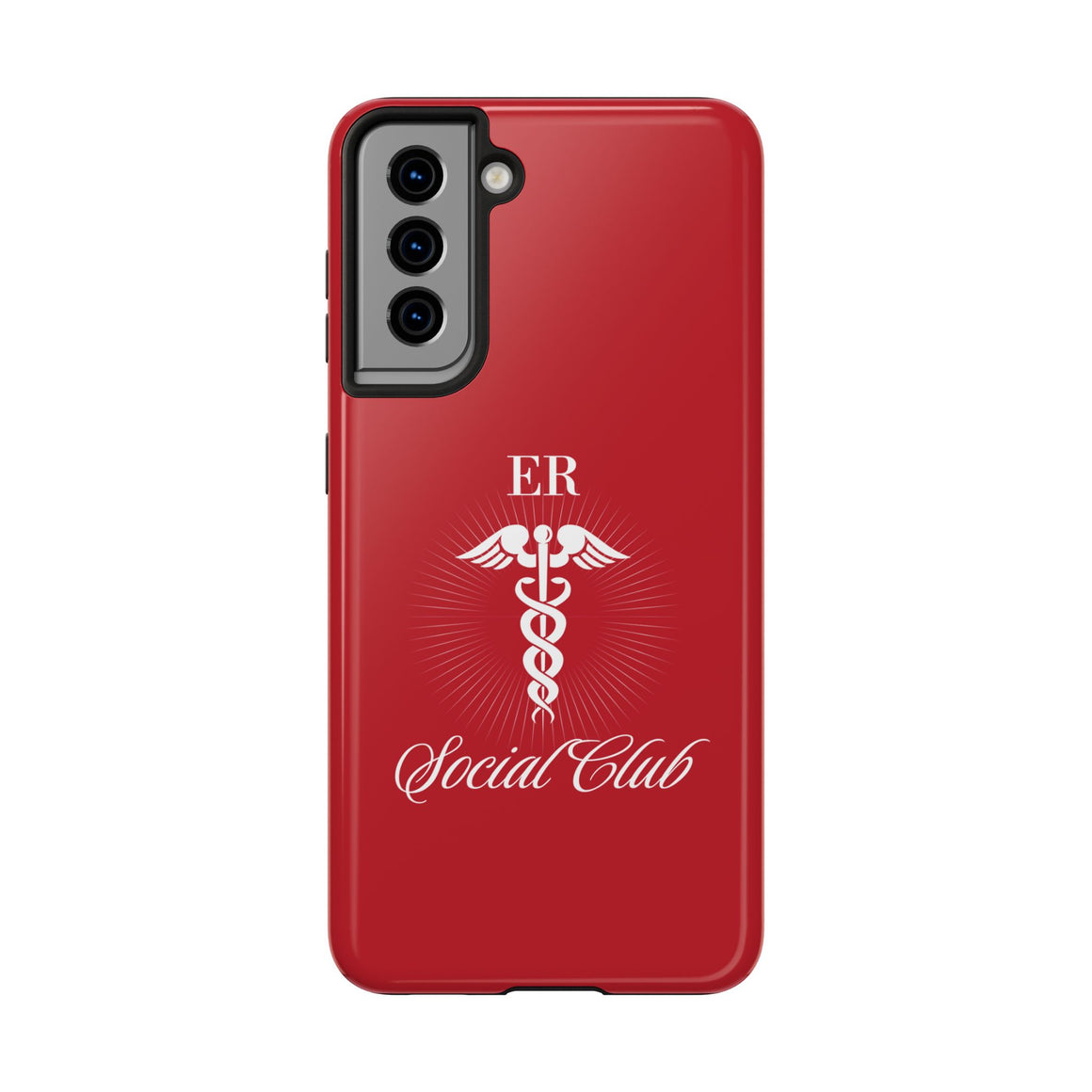 ER Social Club tough phone case in vibrant red with a white Caduceus symbol, representing emergency medical services. The case features the text 'ER Social Club' in elegant script, combining style with durable protection for healthcare professionals. Compatible with iPhone and Samsung models, this case offers impact resistance and a glossy finish for a professional and stylish look.