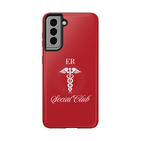 ER Social Club tough phone case in vibrant red with a white Caduceus symbol, representing emergency medical services. The case features the text 'ER Social Club' in elegant script, combining style with durable protection for healthcare professionals. Compatible with iPhone and Samsung models, this case offers impact resistance and a glossy finish for a professional and stylish look.
