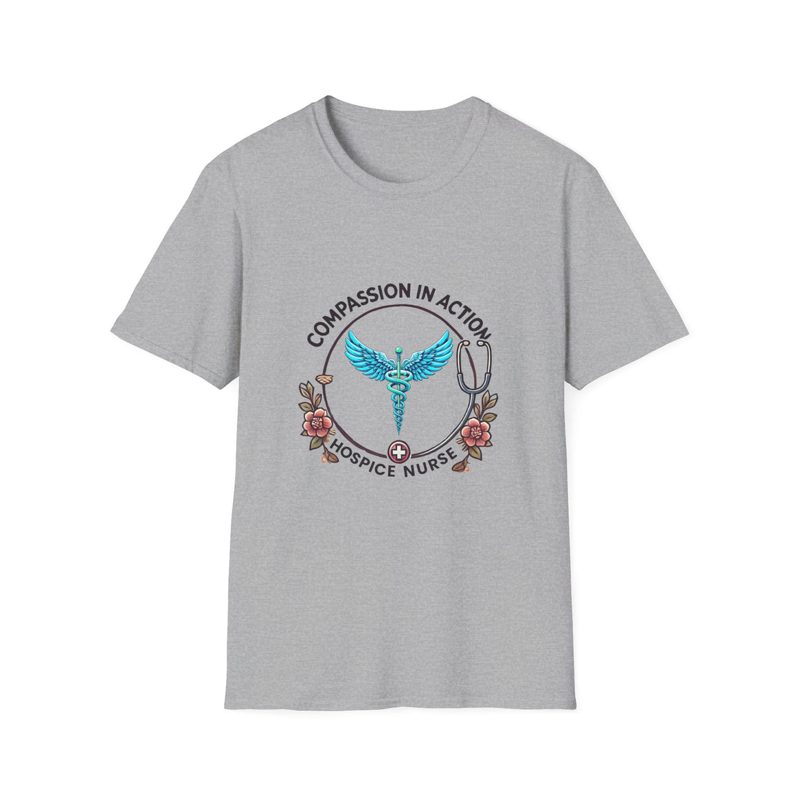 Hospice nurse t-shirt featuring the phrase 'Compassion in Action' with a medical caduceus symbol, flowers, and stethoscope graphic. Ideal for hospice nurses who bring compassion and care to their work.