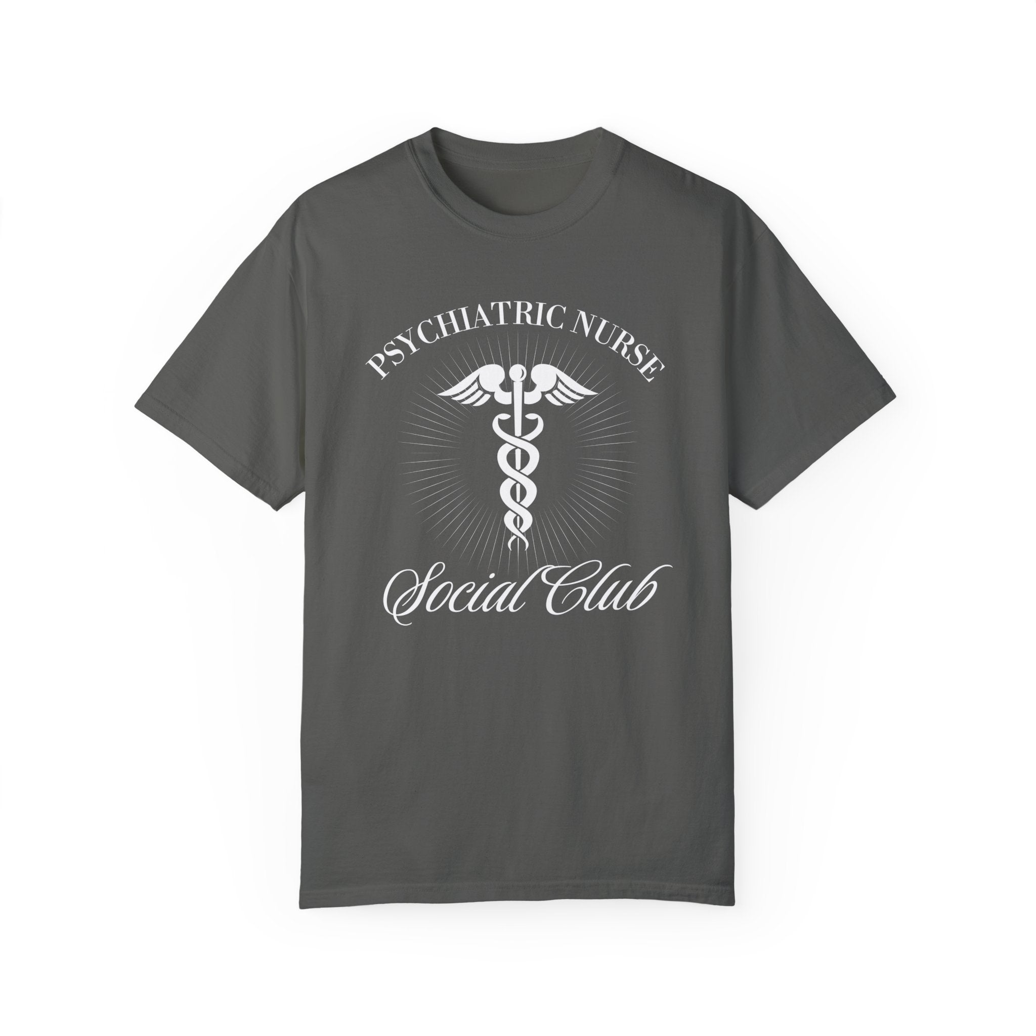 A nurse standing wearing a shirt that says Psychiatric Nurse Social Club and has a grapgic of a nurses caduceus