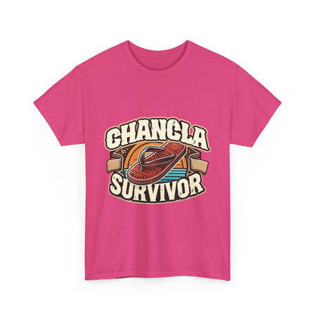 Hot Pink T-shirt featuring a retro-inspired 'Chancla Survivor' design with a graphic of a traditional sandal. Perfect for those with a sense of humor about family discipline and nostalgic cultural references.