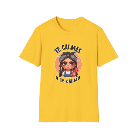 Bright YellowT-shirt featuring a feisty cartoon character with the Spanish phrase 'Te Calmas o Te Calmo,' adding a humorous and bold statement. Ideal for those with a playful attitude and love for expressive, culturally inspired designs