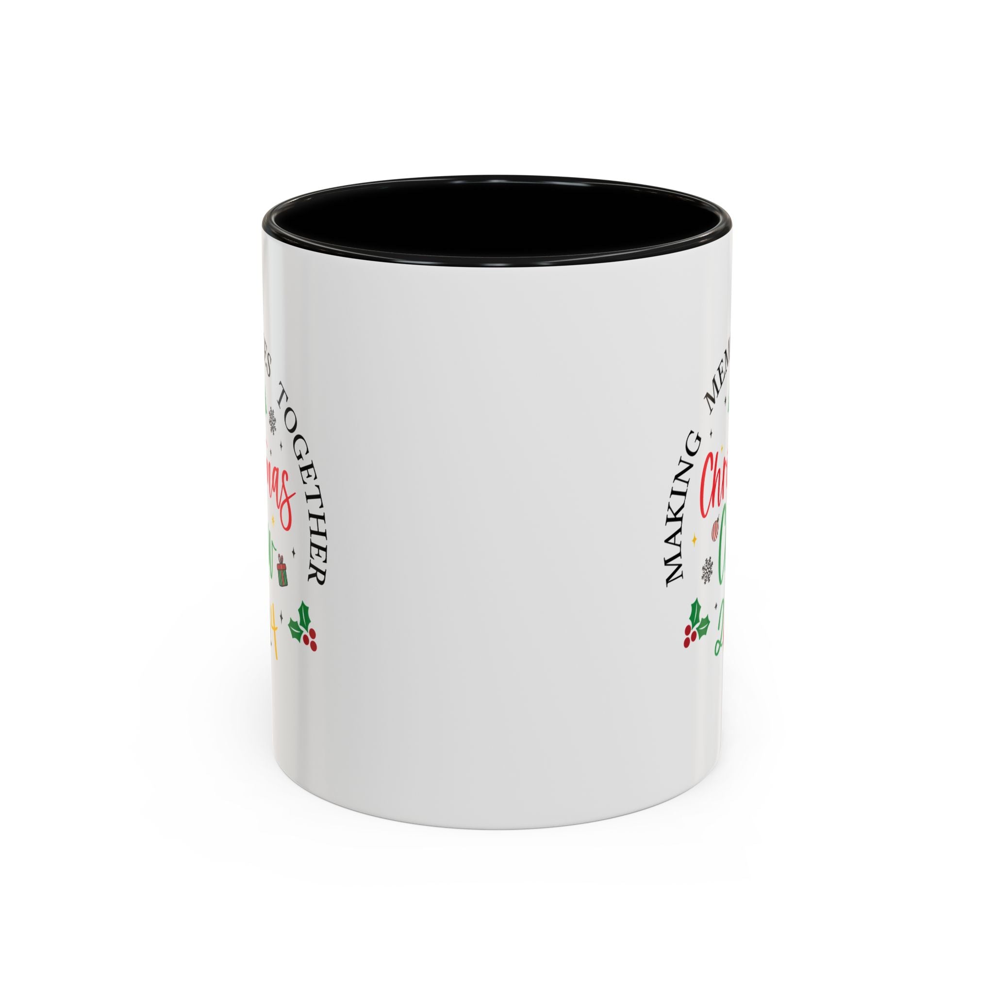 A white Festive Christmas Coffee Cup featuring a colorful "Christmas Crew 2024" design. The text reads "Making Memories Together" with holiday-themed icons, including Christmas trees, snowflakes, holly, and a small gift box. This cheerful cup is perfect for spreading holiday cheer and enjoying warm drinks during the festive season.