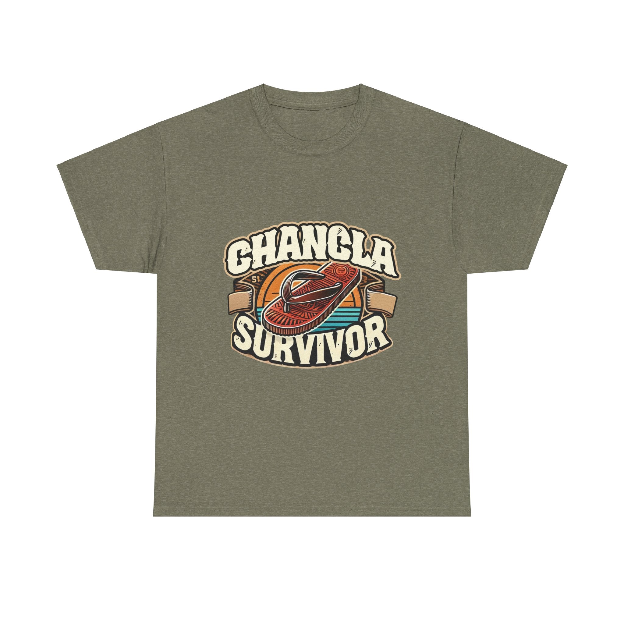 Funny Mexican t-shirt featuring the phrase 'Chancla Survivor.T-shirt featuring a retro-inspired 'Chancla Survivor' design with a graphic of a traditional sandal. Perfect for those with a sense of humor about family discipline and nostalgic cultural references.
