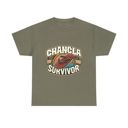 Funny Mexican t-shirt featuring the phrase 'Chancla Survivor.T-shirt featuring a retro-inspired 'Chancla Survivor' design with a graphic of a traditional sandal. Perfect for those with a sense of humor about family discipline and nostalgic cultural references.