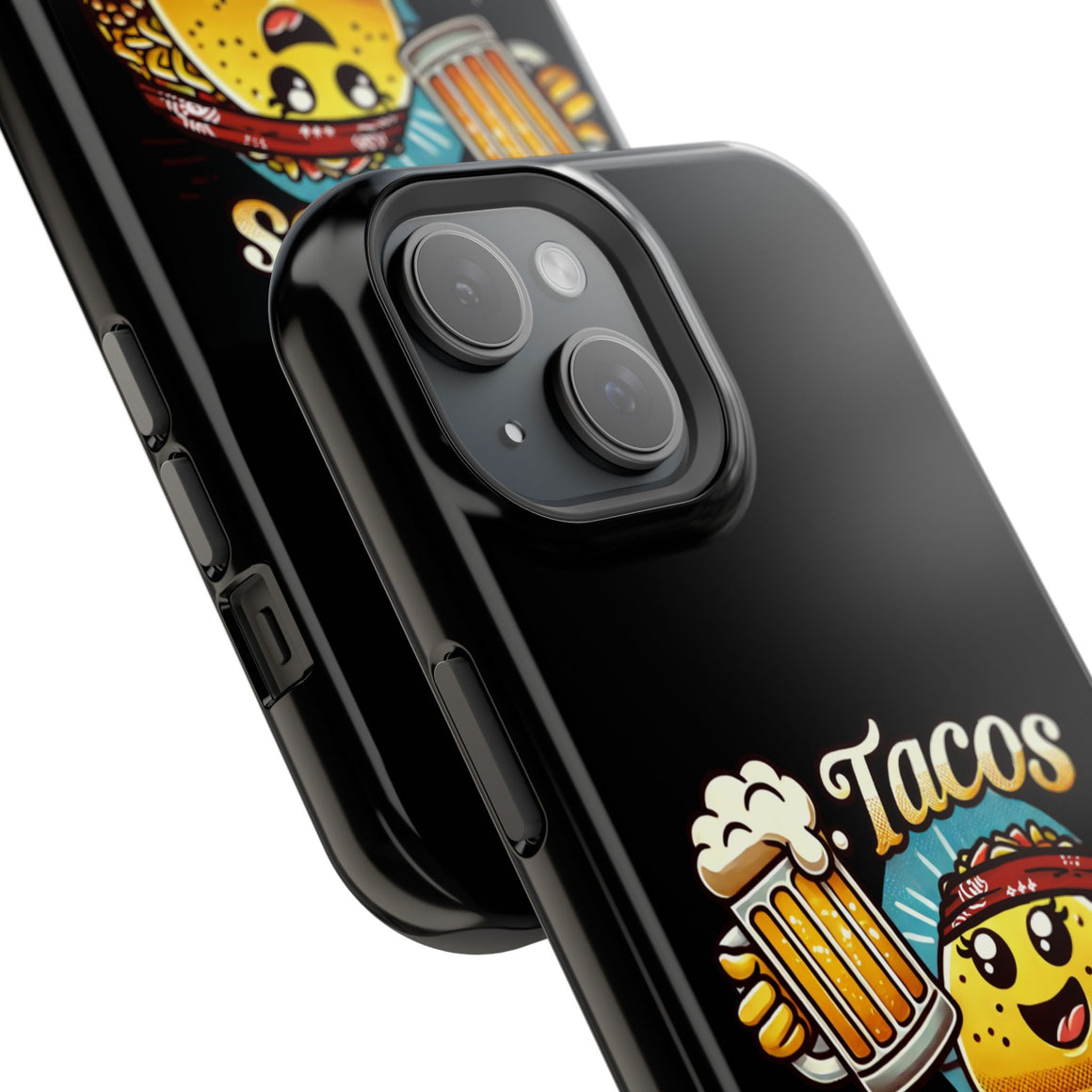 Black iPhone 16 magnetic phone case featuring a playful 'Tacos B4 Vatos' design with a cheerful taco character holding a frothy beer mug. Perfect for taco lovers who want a fun and unique phone accessory.