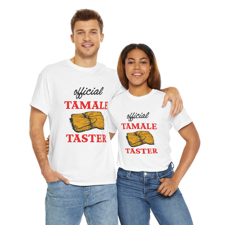 Smiling couple wearing a white T-shirt with bold red text 'Official Tamale Taster' and a tamale graphic, perfect for funny Christmas shirts and holiday gatherings.