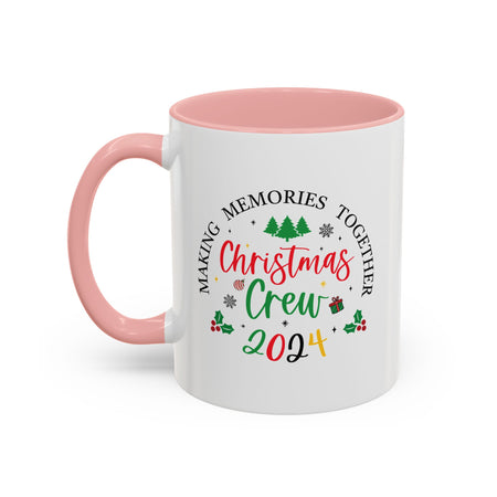 Festive coffee cup design featuring the text 'Christmas Crew 2024' in red and green with holiday elements like Christmas trees, holly, ornaments, and a gift box. Perfect for holiday gatherings and festive cheer.