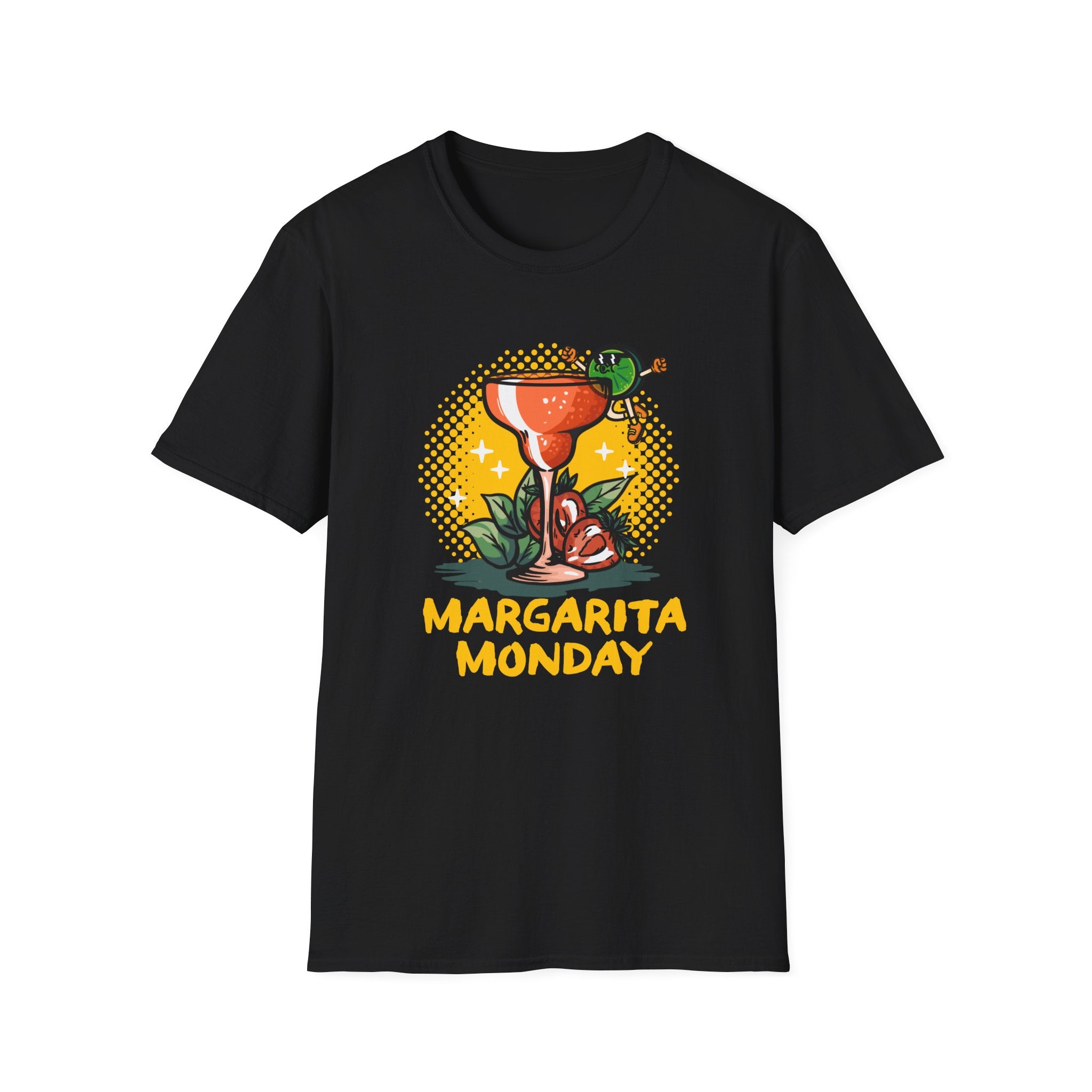 a Black T-shirt with a "Margarita Monday" design, featuring a vibrant margarita glass illustration and bold yellow text. This is one of the trendy Margarita Monday T-shirt styles, adding a fun and playful vibe to her casual look, perfect for celebrating Margarita Monday in style.