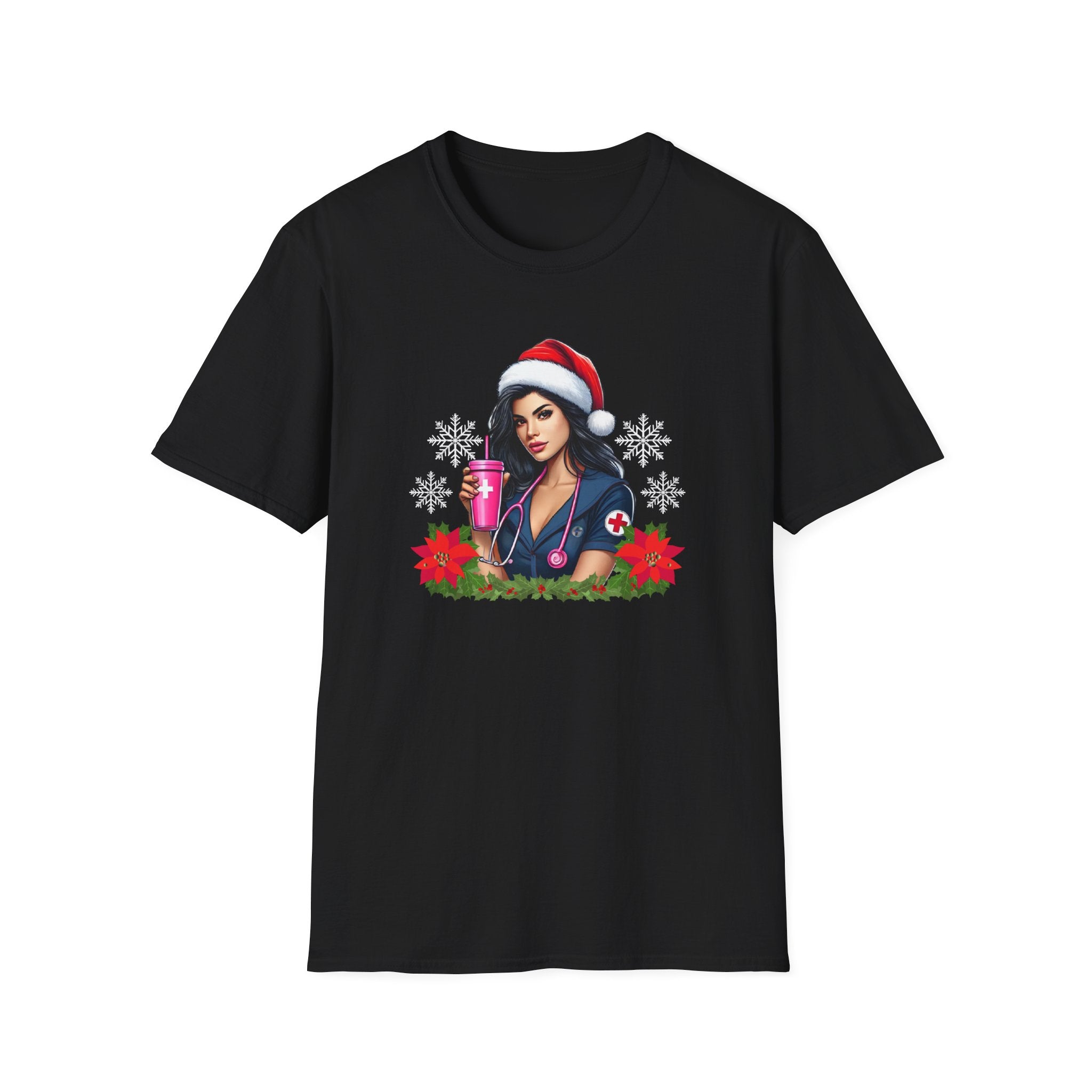 Black nurse-themed Christmas t-shirt featuring a stylish nurse in a Santa hat holding a festive pink drink, adorned with poinsettias and holiday greenery. Perfect holiday apparel for nurses looking to add festive cheer to their wardrobe.