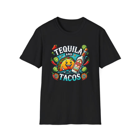 Black T-shirt featuring a lively 'Tequila and Tacos' design with a cheerful taco character, tequila bottle, lime slices, chili peppers, and festive decorations. Ideal for taco lovers and tequila fans who enjoy a fun, fiesta-inspired look.