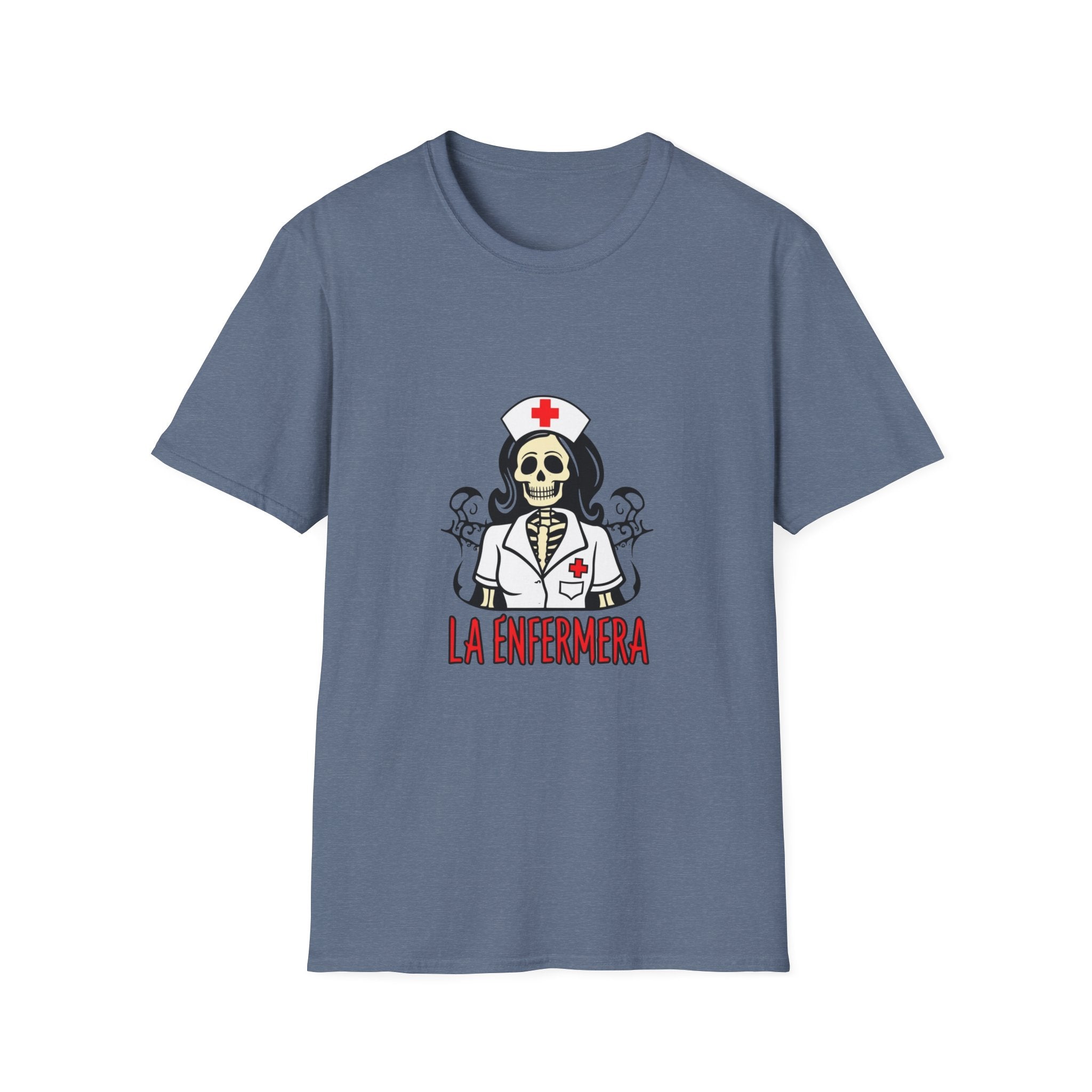 Illustration of a "La Enfermera Loteria Shirt" featuring a skeleton nurse in a white nurse's uniform with a red cross on the cap and chest. The design resembles a traditional loteria card with the text "La Enfermera" in bold red letters, perfect for Día de los Muertos and healthcare themes.