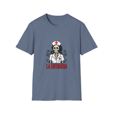 Illustration of a "La Enfermera Loteria Shirt" featuring a skeleton nurse in a white nurse's uniform with a red cross on the cap and chest. The design resembles a traditional loteria card with the text "La Enfermera" in bold red letters, perfect for Día de los Muertos and healthcare themes.
