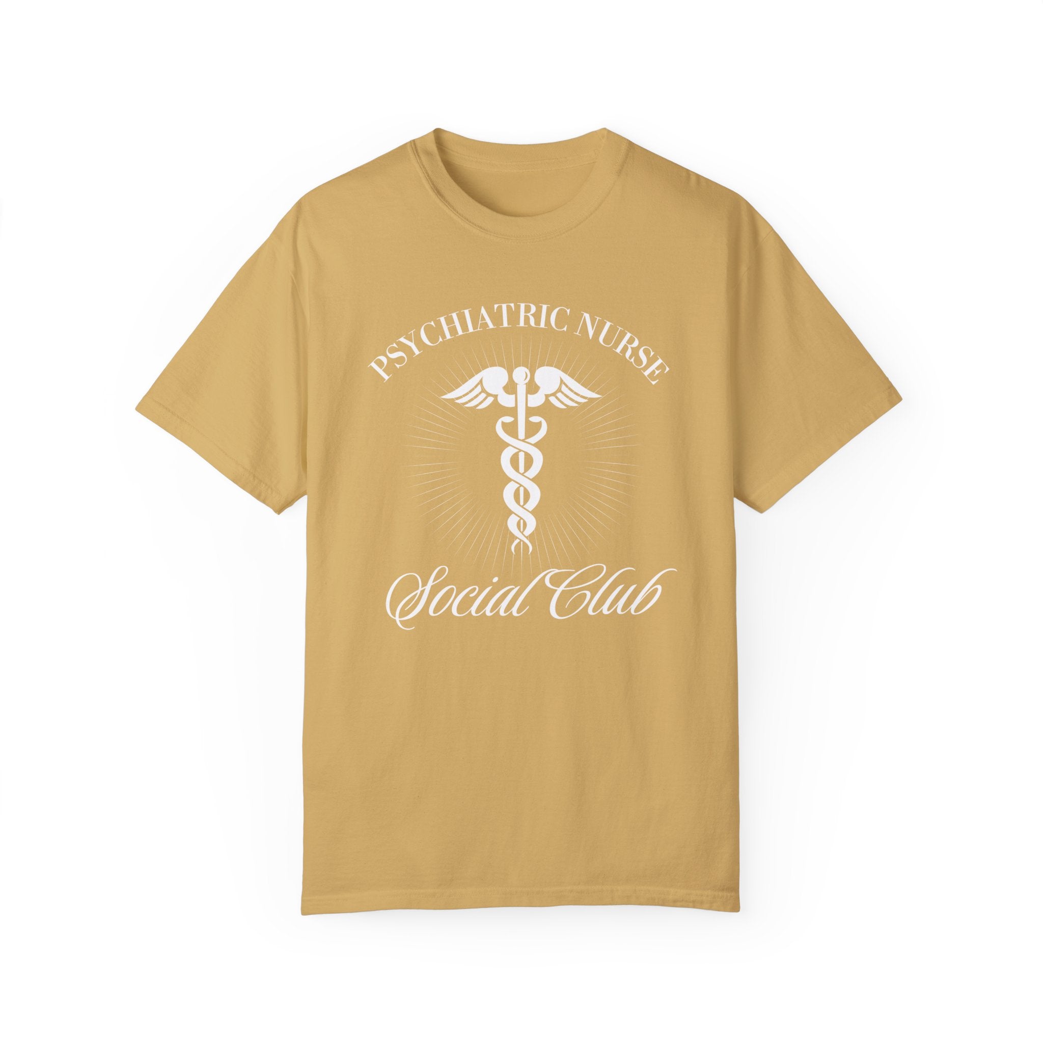 A nurse standing wearing a shirt that says Psychiatric Nurse Social Club and has a grapgic of a nurses caduceus