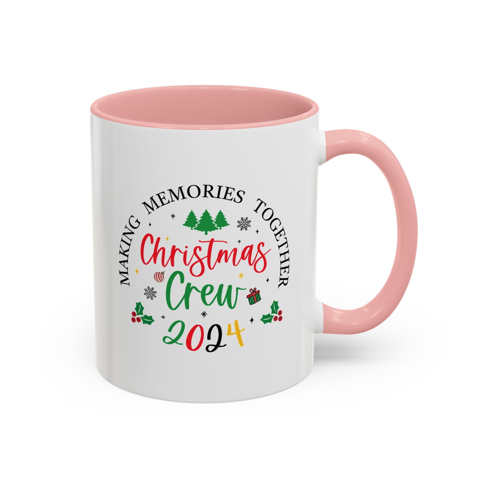 Festive coffee cup design featuring the text 'Christmas Crew 2024' in red and green with holiday elements like Christmas trees, holly, ornaments, and a gift box. Perfect for holiday gatherings and festive cheer.