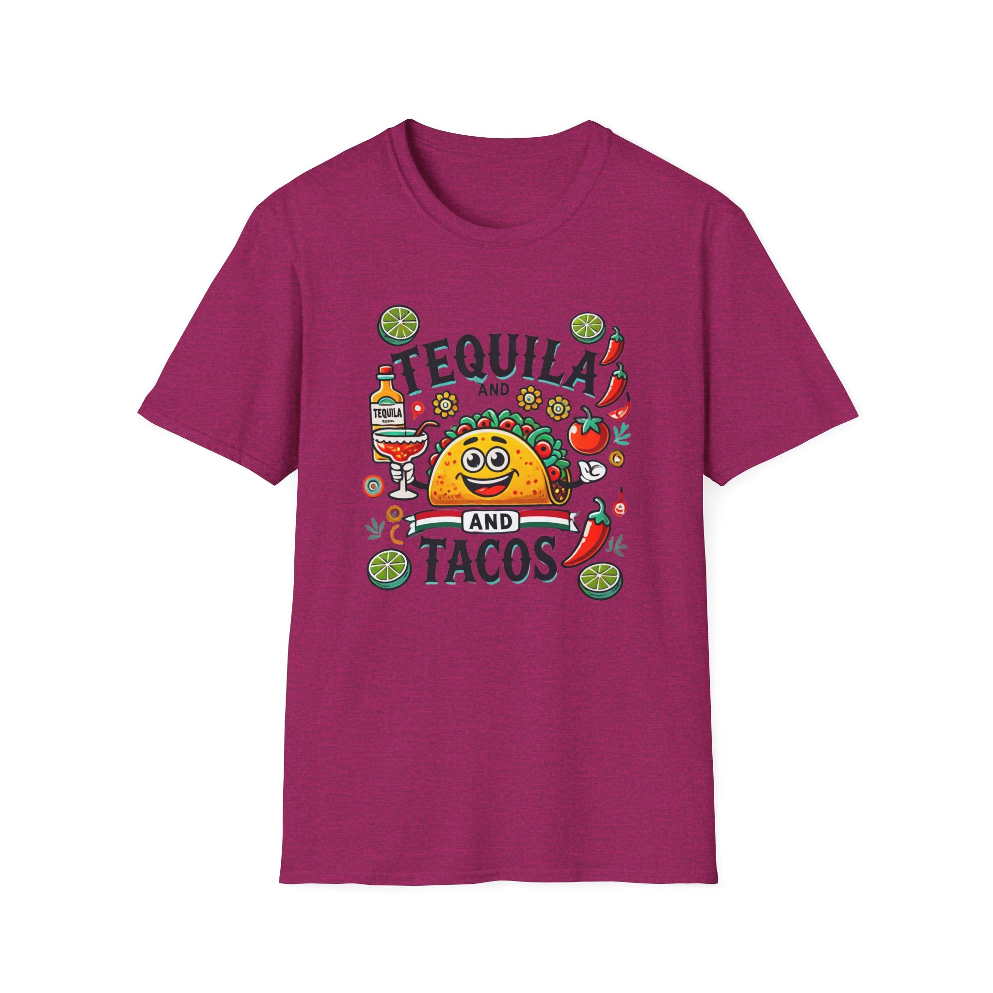 T-shirt featuring a festive 'Tequila and Tacos' design with a smiling taco character, tequila bottle, margarita glass, lime slices, and chili peppers. Perfect for celebrating fiestas and taco nights with a fun and lively style.