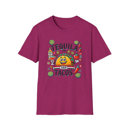 T-shirt featuring a festive 'Tequila and Tacos' design with a smiling taco character, tequila bottle, margarita glass, lime slices, and chili peppers. Perfect for celebrating fiestas and taco nights with a fun and lively style.