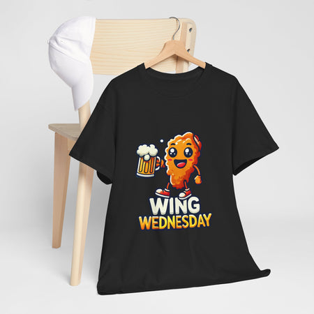 Wing Wednesday' t-shirt featuring a cheerful, cartoon-style chicken wing character holding a beer mug. Perfect for those who love celebrating Wing Wednesday with a fun and playful design.