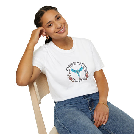 White Hospice nurse t-shirt featuring the phrase 'Compassion in Action' with a medical caduceus symbol, flowers, and stethoscope graphic. Ideal for hospice nurses who bring compassion and care to their work.