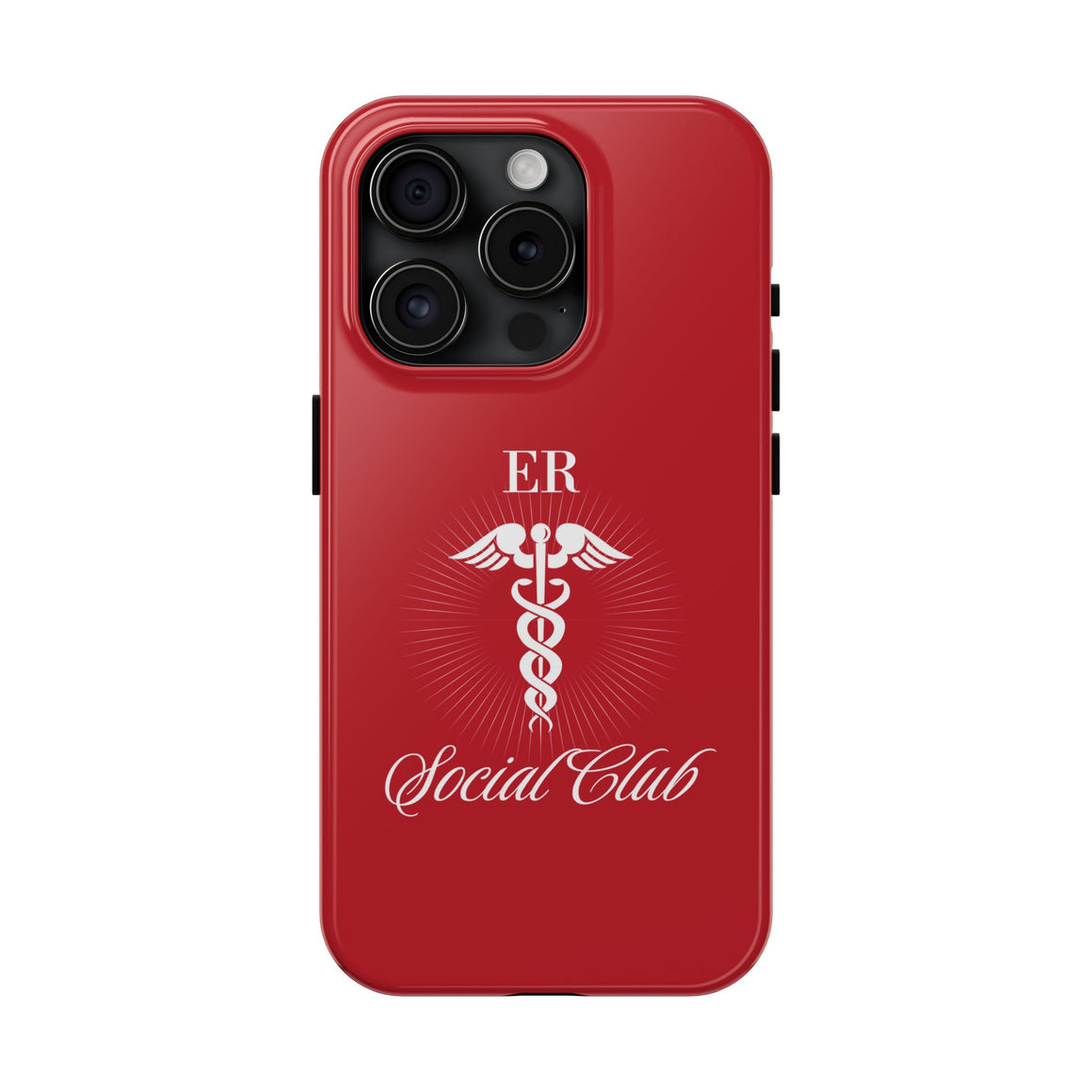 ER Social Club tough phone case in vibrant red with a white Caduceus symbol, representing emergency medical services. The case features the text 'ER Social Club' in elegant script, combining style with durable protection for healthcare professionals. Compatible with iPhone and Samsung models, this case offers impact resistance and a glossy finish for a professional and stylish look.
