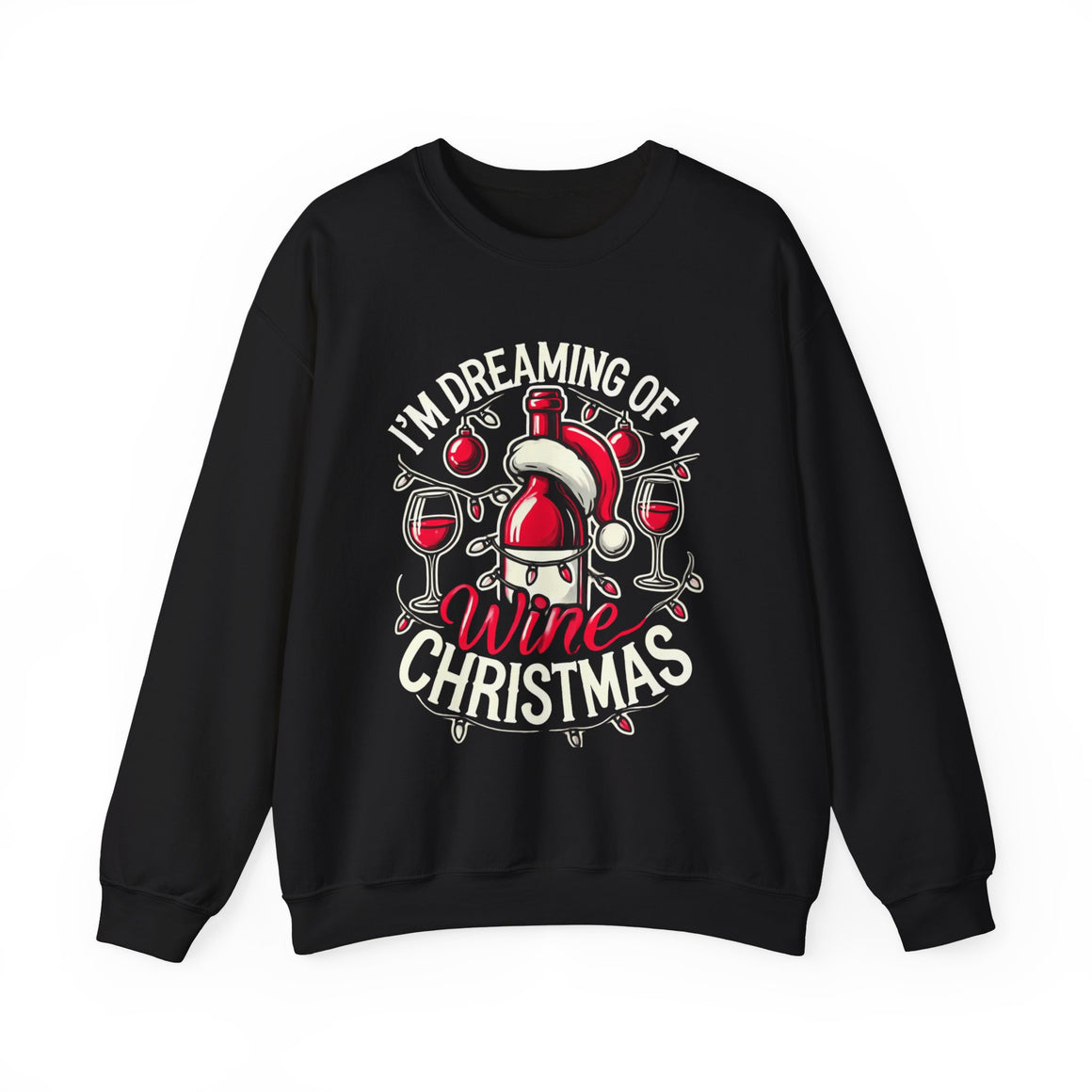 Black Christmas sweatshirt with a festive wine theme, featuring a Santa-capped wine bottle, wine glasses, ornaments, and the humorous text 'I'm Dreaming of a Wine Christmas.' Ideal holiday apparel for wine enthusiasts seeking a fun and stylish Christmas-themed sweatshirt.