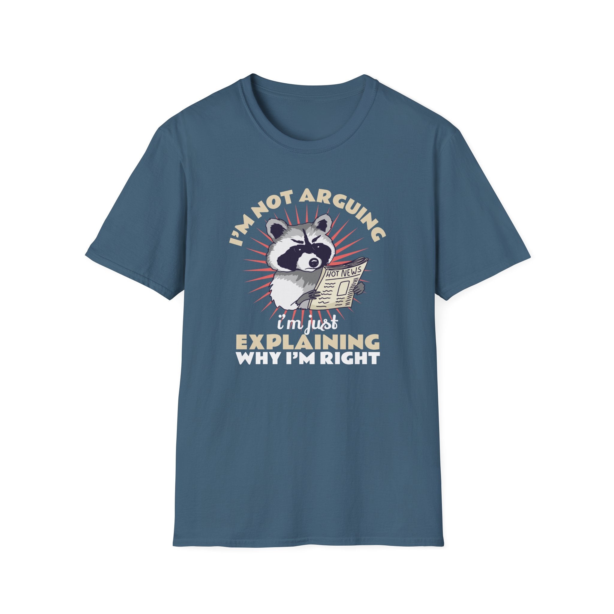 T-shirt featuring a humorous raccoon graphic holding a newspaper with the text 'I'm Not Arguing, I'm Just Explaining Why I'm Right.' Ideal for those with a witty, playful personality who appreciate sarcastic humor.