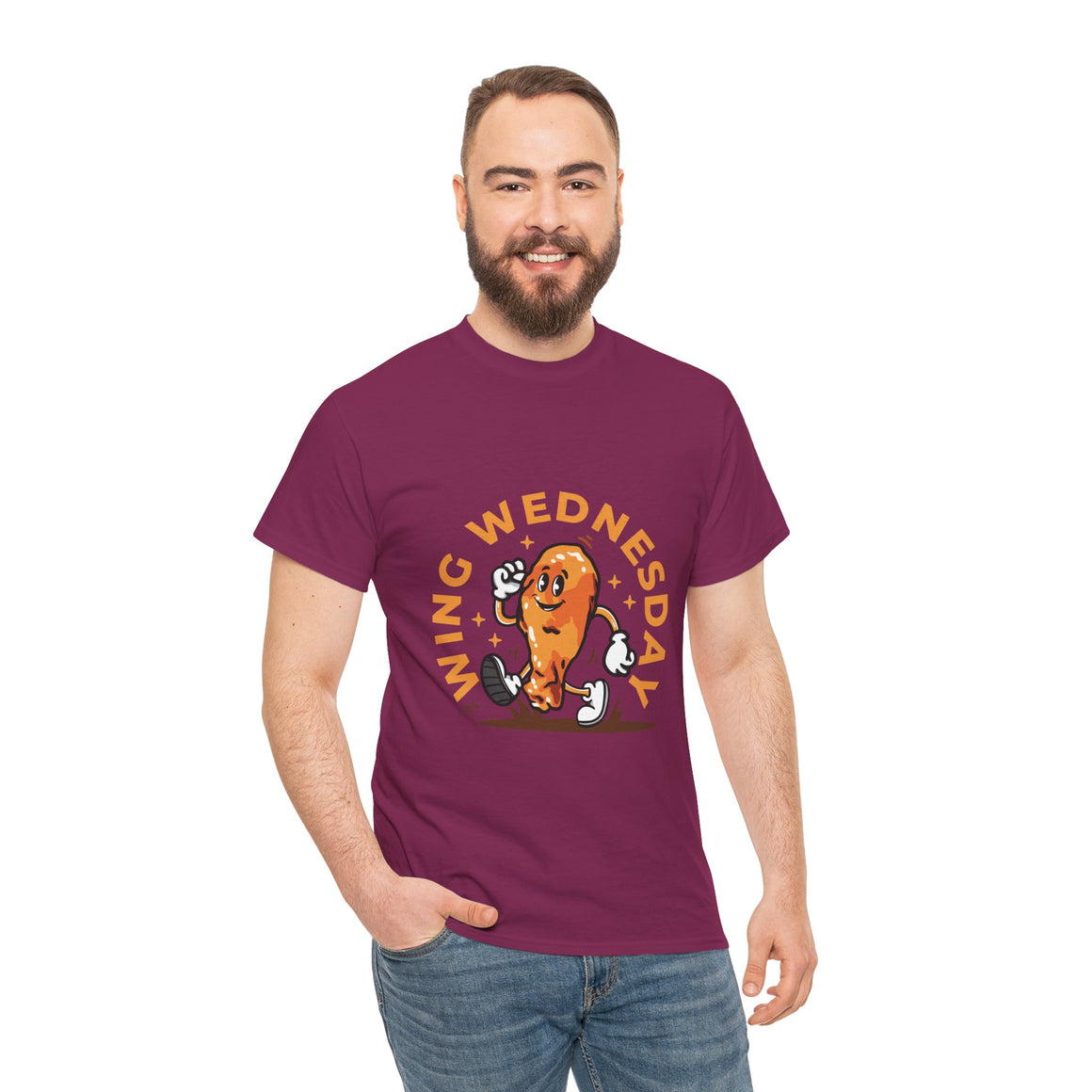 T-shirt featuring a fun 'Wing Wednesday' design with a cartoon-style chicken wing character in motion. Perfect for food lovers and those who enjoy celebrating Wing Wednesday in style.