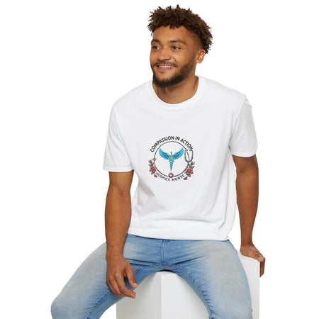 White Hospice nurse t-shirt featuring the phrase 'Compassion in Action' with a medical caduceus symbol, flowers, and stethoscope graphic. Ideal for hospice nurses who bring compassion and care to their work.