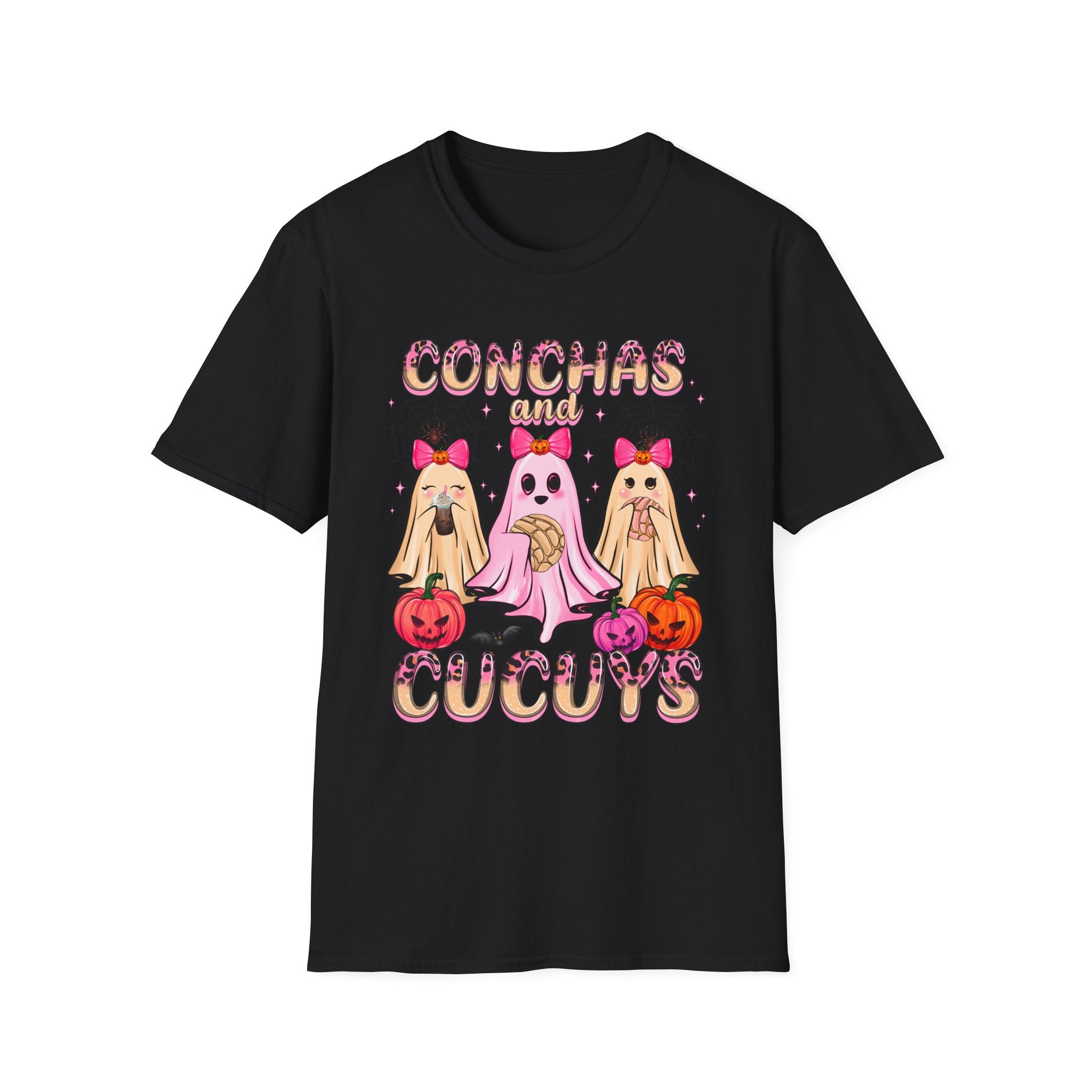 A black t-shirt featuring the "Conchas and Cucuy's" design, part of our Latino-inspired Halloween apparel. The shirt displays three cute ghost figures holding conchas and decorated with pink bows, spider webs, and festive pumpkin accents, combining Halloween spirit with Día de los Muertos charm. This unisex, soft-style shirt offers a unique blend of spooky and sweet for the Halloween season.