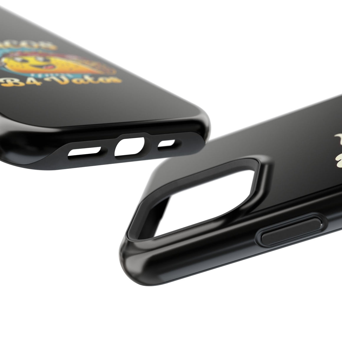 Black iPhone 16 magnetic phone case featuring a playful 'Tacos B4 Vatos' design with a cheerful taco character holding a frothy beer mug. Perfect for taco lovers who want a fun and unique phone accessory.