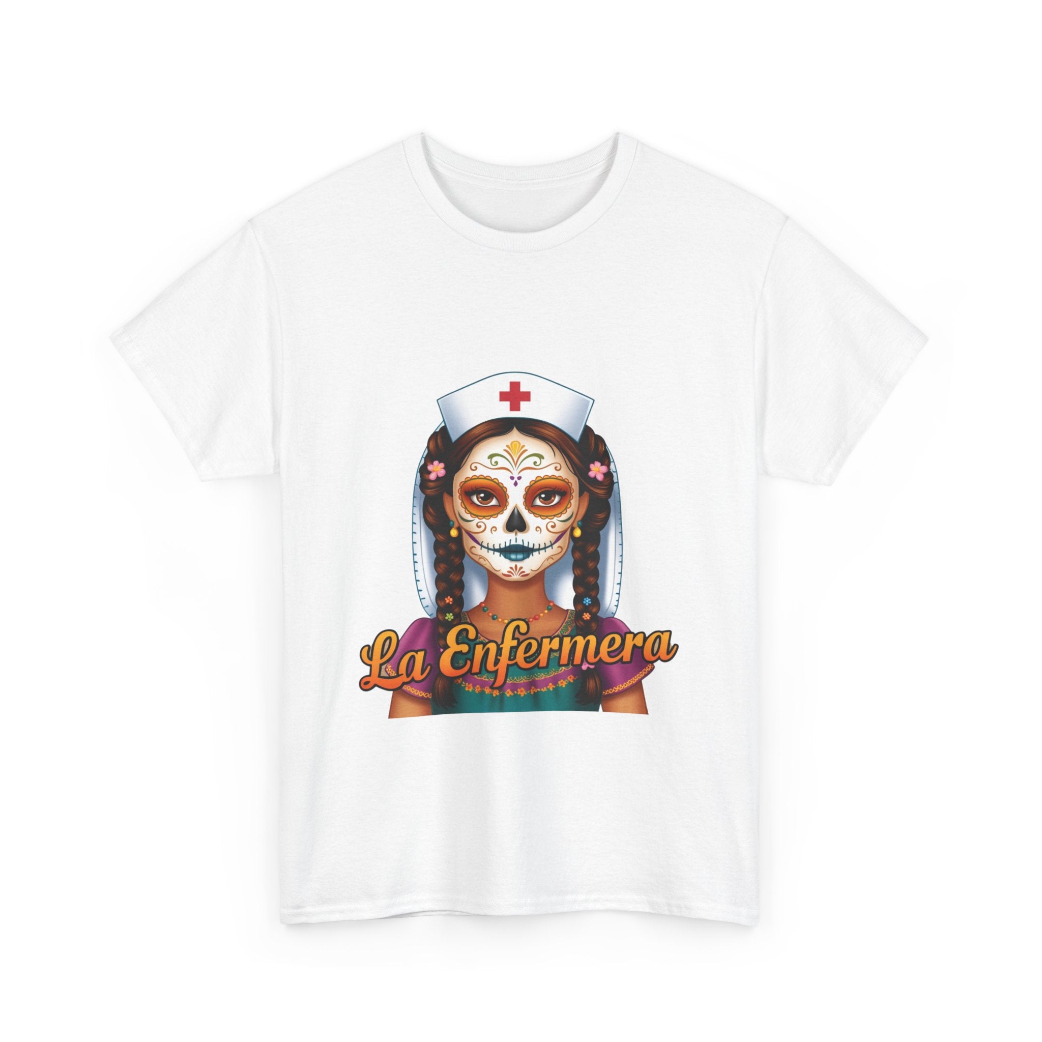 A picture of a nurse wearing a t shirt with a graphic of the day of the dead nurse on the front and it reads La Enfermera