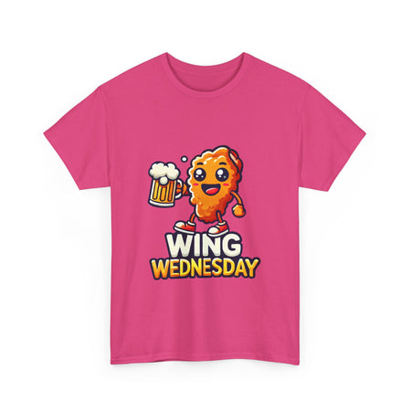 Wing Wednesday' t-shirt featuring a cheerful, cartoon-style chicken wing character holding a beer mug. Perfect for those who love celebrating Wing Wednesday with a fun and playful design.