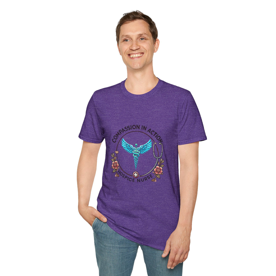 Heather Purple Hospice nurse t-shirt featuring the phrase 'Compassion in Action' with a medical caduceus symbol, flowers, and stethoscope graphic. Ideal for hospice nurses who bring compassion and care to their work.