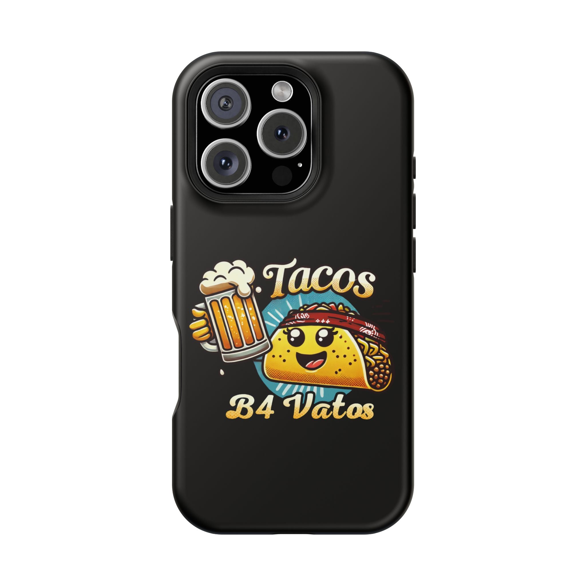 Black iPhone 16 magnetic phone case featuring a playful 'Tacos B4 Vatos' design with a cheerful taco character holding a frothy beer mug. Perfect for taco lovers who want a fun and unique phone accessory.