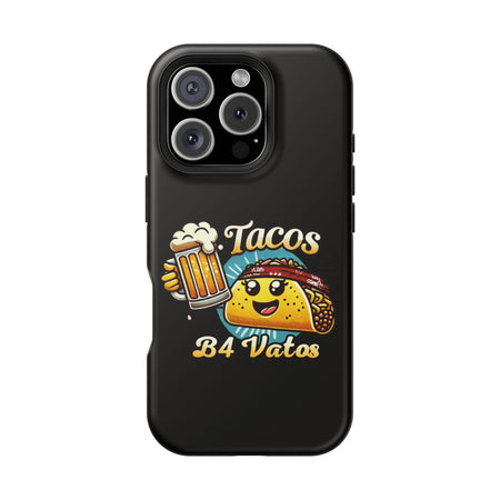 Black iPhone 16 magnetic phone case featuring a playful 'Tacos B4 Vatos' design with a cheerful taco character holding a frothy beer mug. Perfect for taco lovers who want a fun and unique phone accessory.