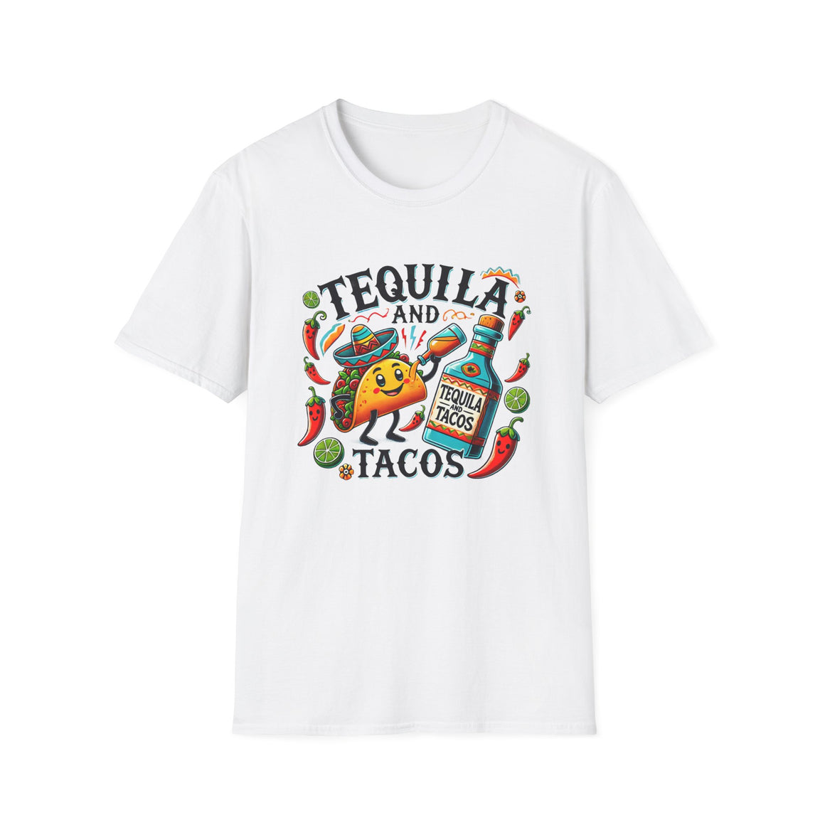 White t-shirt with a fun 'Tequila and Tacos' design featuring a cheerful taco character, tequila bottle, lime slices, chili peppers, and festive elements. Perfect for taco and tequila enthusiasts who enjoy celebrating with a vibrant, fiesta-inspired style.