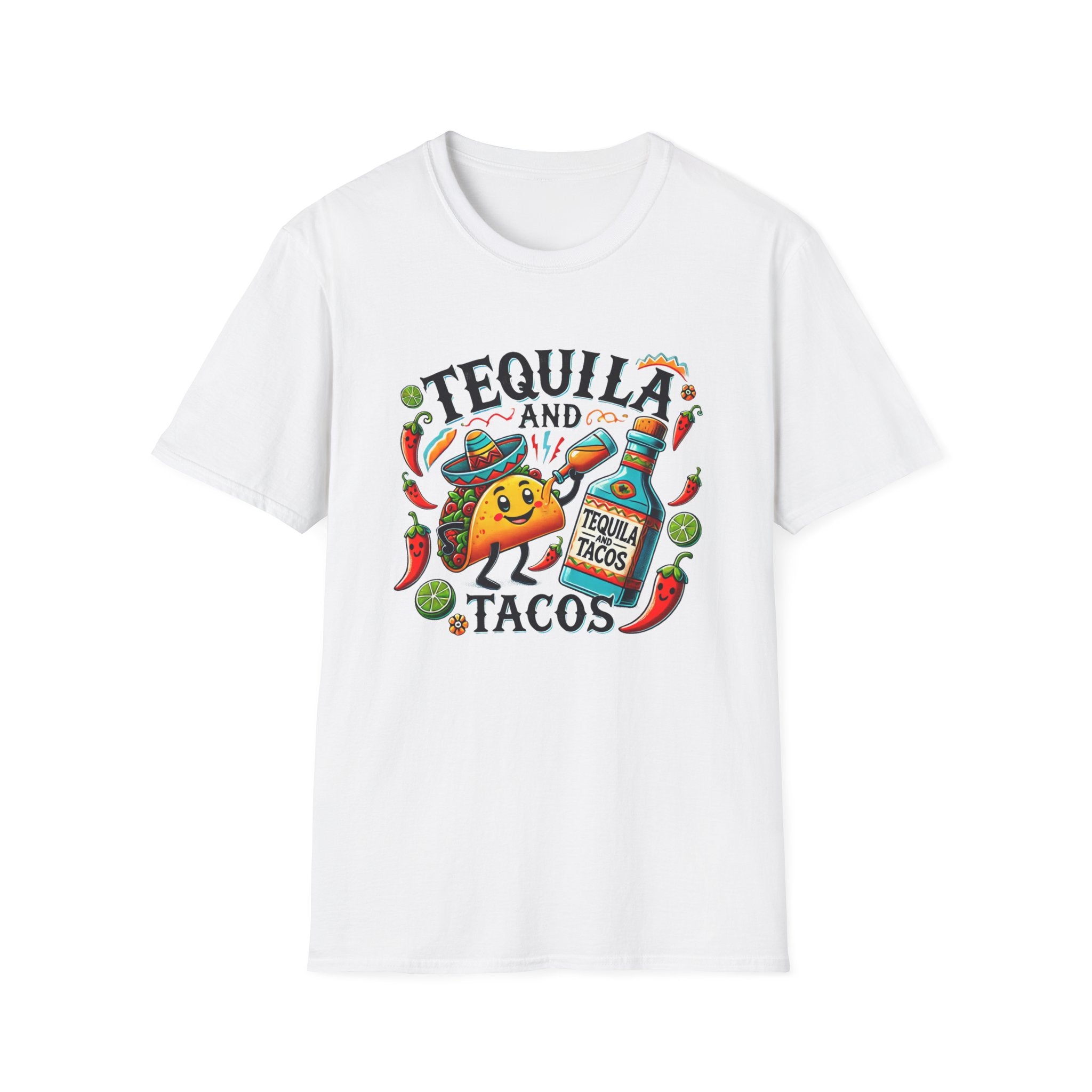 White t-shirt with a fun 'Tequila and Tacos' design featuring a cheerful taco character, tequila bottle, lime slices, chili peppers, and festive elements. Perfect for taco and tequila enthusiasts who enjoy celebrating with a vibrant, fiesta-inspired style.