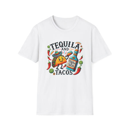 White t-shirt with a fun 'Tequila and Tacos' design featuring a cheerful taco character, tequila bottle, lime slices, chili peppers, and festive elements. Perfect for taco and tequila enthusiasts who enjoy celebrating with a vibrant, fiesta-inspired style.