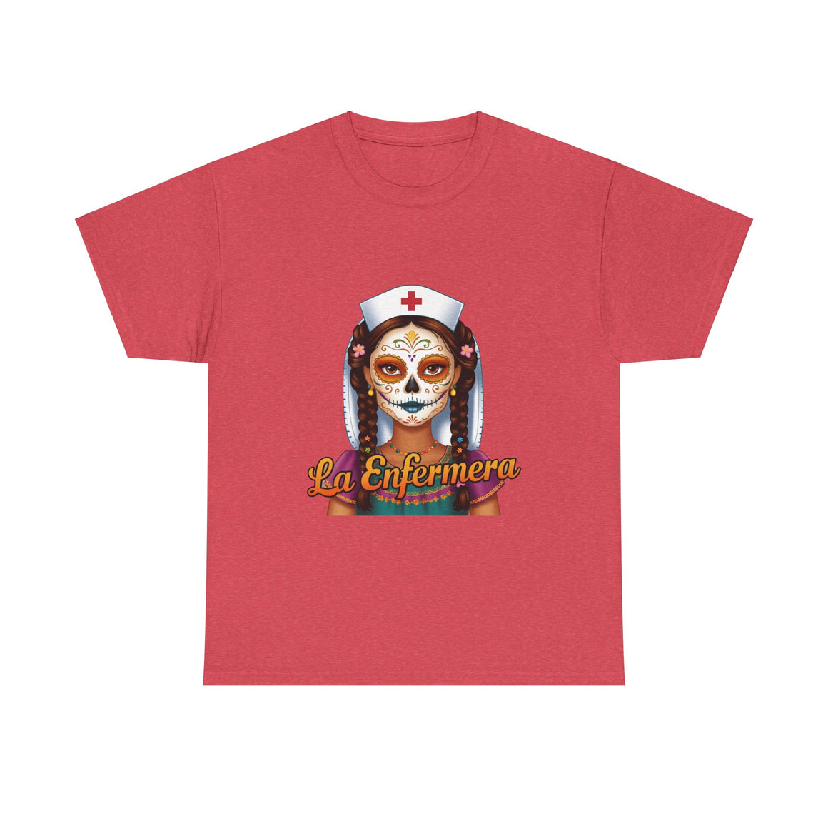 A picture of a nurse wearing a t shirt with a graphic of the day of the dead nurse on the front and it reads La Enfermera