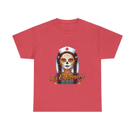 A picture of a nurse wearing a t shirt with a graphic of the day of the dead nurse on the front and it reads La Enfermera