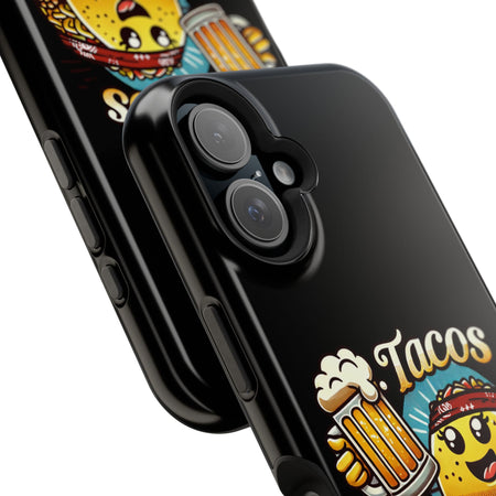 Black iPhone 16 magnetic phone case featuring a playful 'Tacos B4 Vatos' design with a cheerful taco character holding a frothy beer mug. Perfect for taco lovers who want a fun and unique phone accessory.