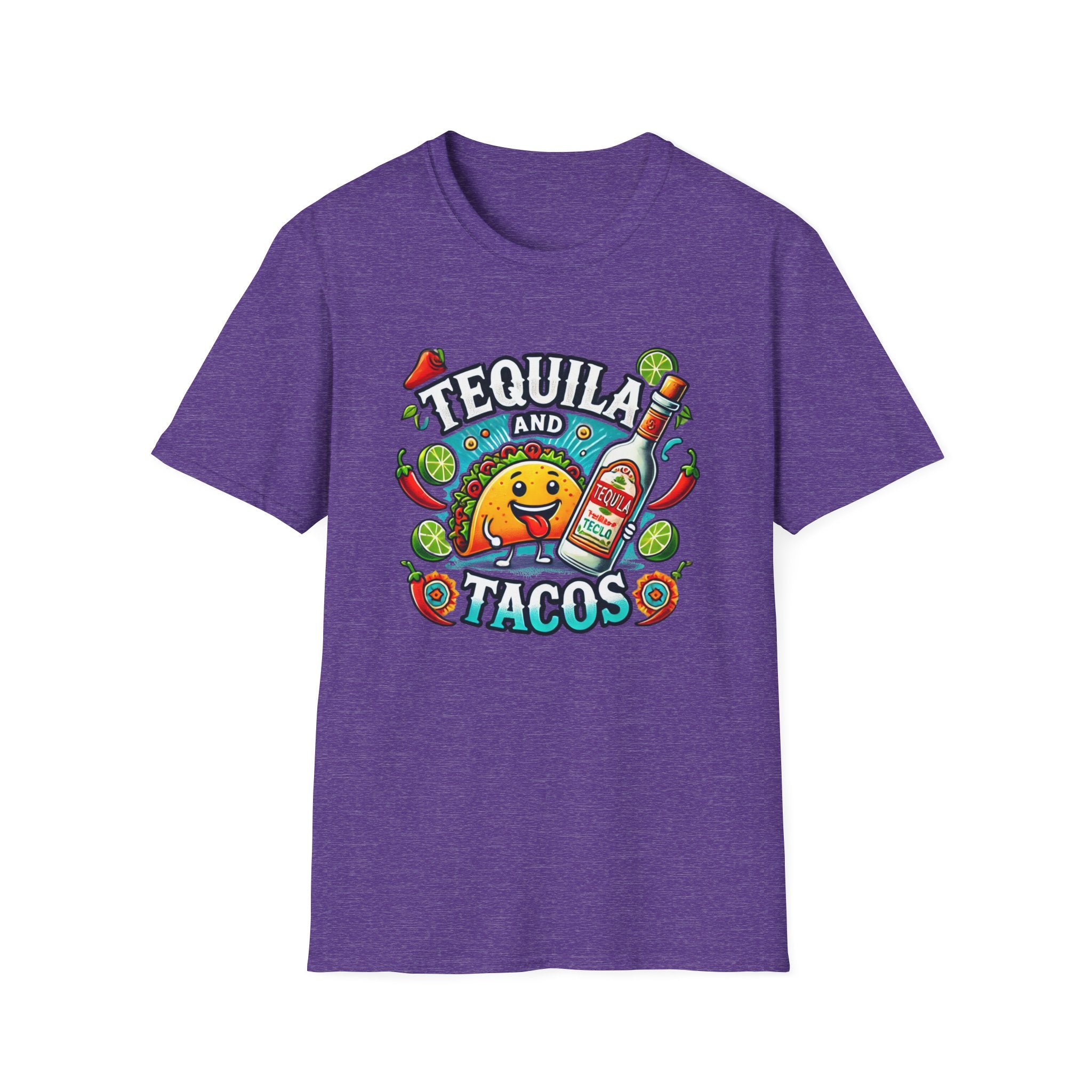 Light PUrple T-shirt featuring a lively 'Tequila and Tacos' design with a cheerful taco character, tequila bottle, lime slices, chili peppers, and festive decorations. Ideal for taco lovers and tequila fans who enjoy a fun, fiesta-inspired look.