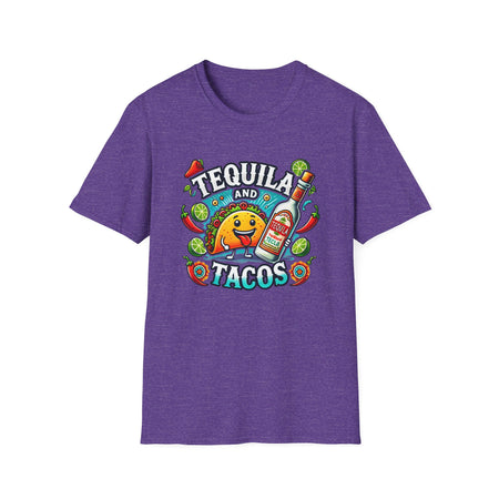 Light PUrple T-shirt featuring a lively 'Tequila and Tacos' design with a cheerful taco character, tequila bottle, lime slices, chili peppers, and festive decorations. Ideal for taco lovers and tequila fans who enjoy a fun, fiesta-inspired look.