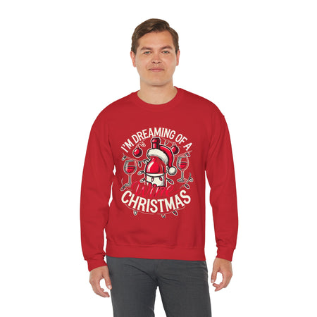 Red Christmas sweatshirt with a festive wine theme, featuring a Santa-capped wine bottle, wine glasses, ornaments, and the humorous text 'I'm Dreaming of a Wine Christmas.' Ideal holiday apparel for wine enthusiasts seeking a fun and stylish Christmas-themed sweatshirt.