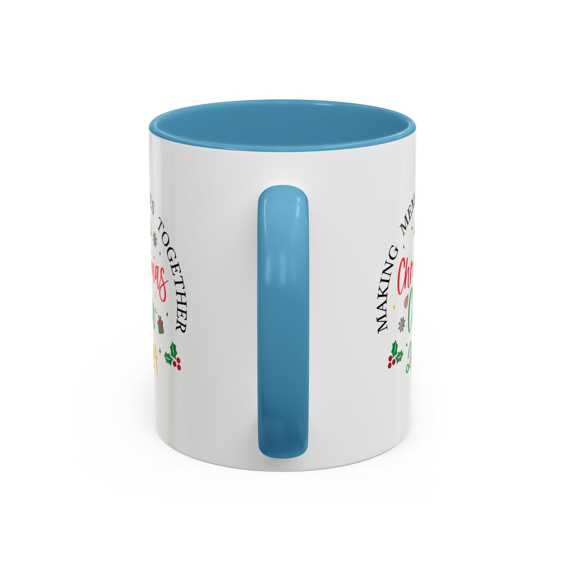 A white Festive Christmas Coffee Cup featuring a colorful "Christmas Crew 2024" design. The text reads "Making Memories Together" with holiday-themed icons, including Christmas trees, snowflakes, holly, and a small gift box. This cheerful cup is perfect for spreading holiday cheer and enjoying warm drinks during the festive season.