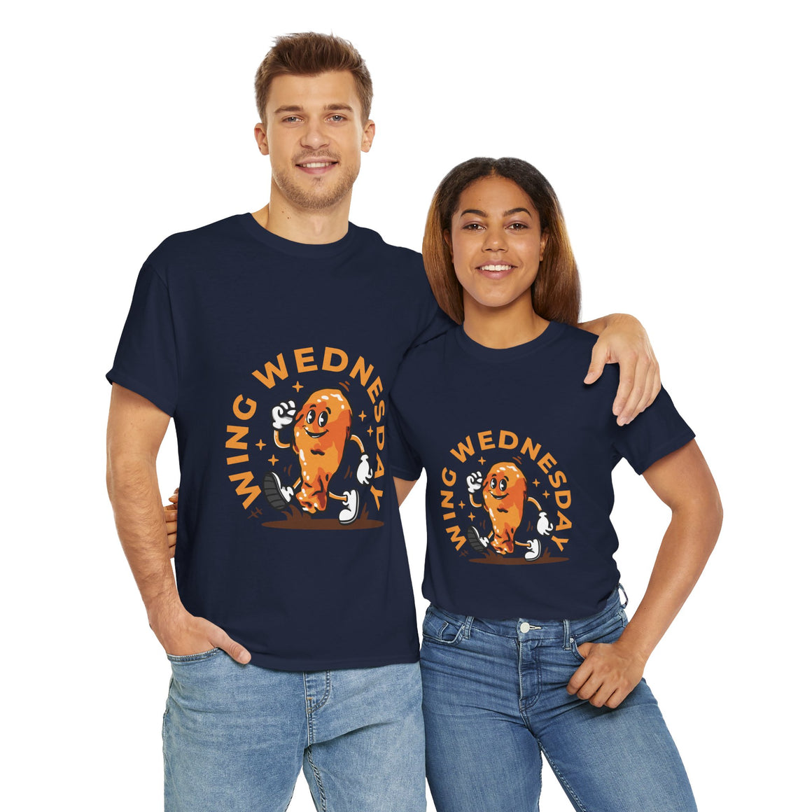 Navy Blue T-shirt featuring a fun 'Wing Wednesday' design with a cartoon-style chicken wing character in motion. Perfect for food lovers and those who enjoy celebrating Wing Wednesday in style.