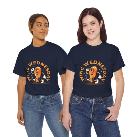 Navy Blue T-shirt featuring a fun 'Wing Wednesday' design with a cartoon-style chicken wing character in motion. Perfect for food lovers and those who enjoy celebrating Wing Wednesday in style.