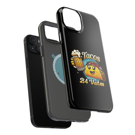 Black iPhone 16 magnetic phone case featuring a playful 'Tacos B4 Vatos' design with a cheerful taco character holding a frothy beer mug. Perfect for taco lovers who want a fun and unique phone accessory.